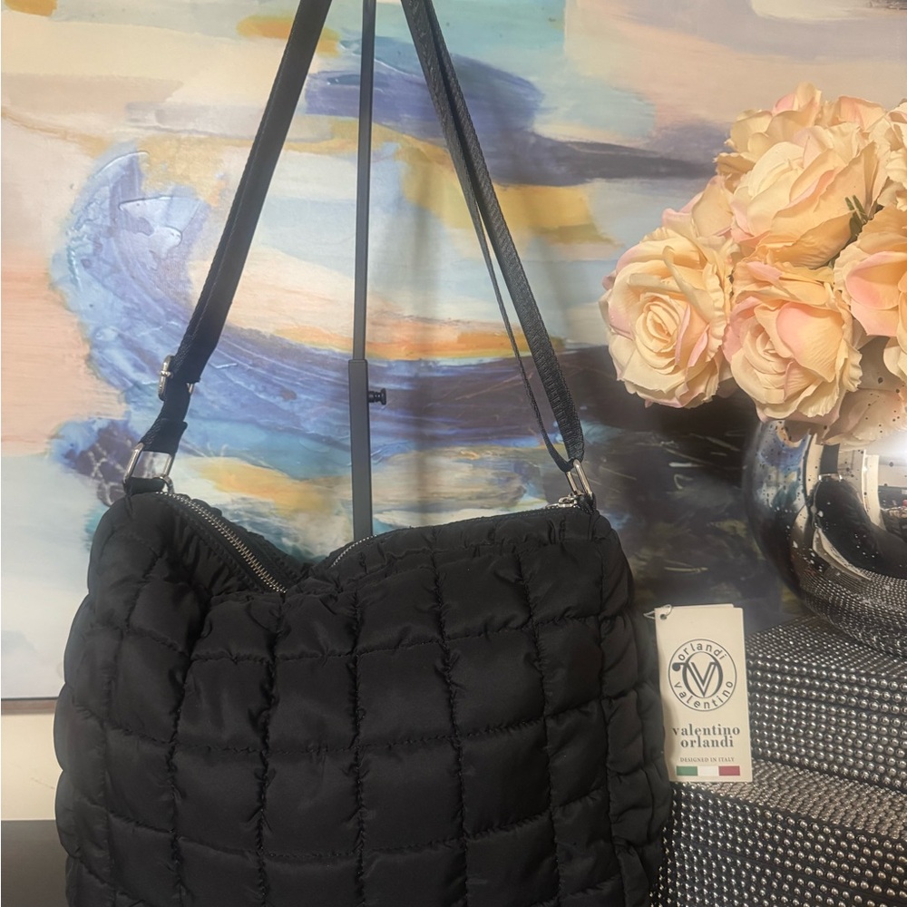 Valentino Orlandi Nylon Quilted Puffer Crossbody Bag in black